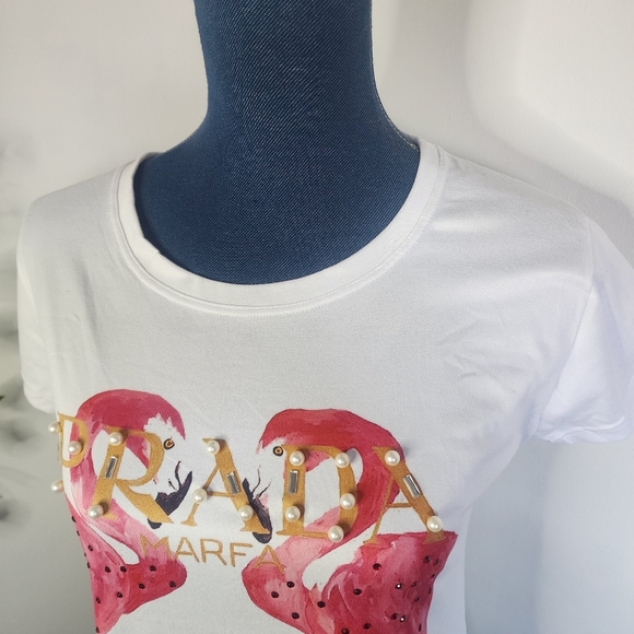 Soft White Shirt Sleeve Top with Pink Flamingos Pearls Accents - Picture 3 of 7